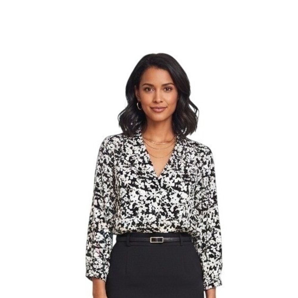 Laundry by Shelli Segal Black White womens Floral Print V Neck Blouse M